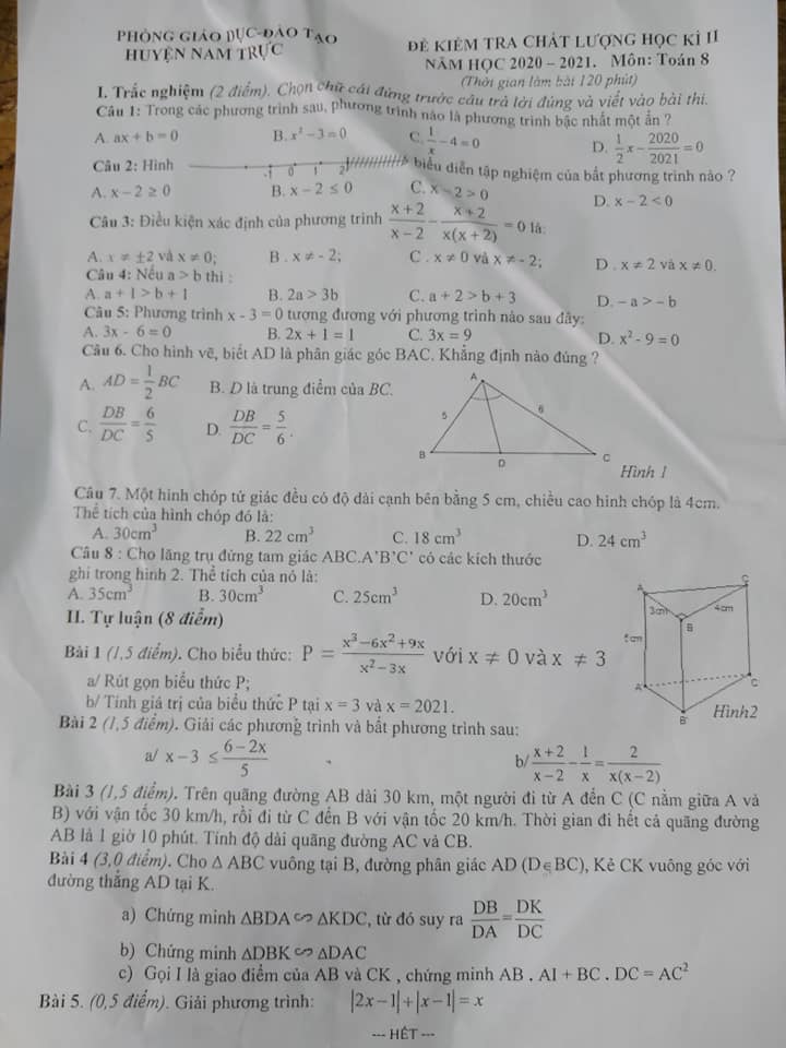 ĐỀ THI HỌC KỲ 2 MÔN TOÁN HUYỆN NAM TRỰC